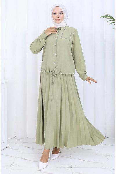 sefamerve Set de două piese cămașă cu nasturi cu pietre și fustă 2113-03 Mould Green