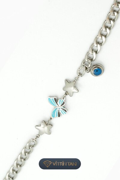 Çelik Kelebek ve Nazar Boncuğu Detaylı Gümüş Renk Bileklik