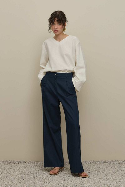 Fahhar Linen Straight Trousers Navy Blue