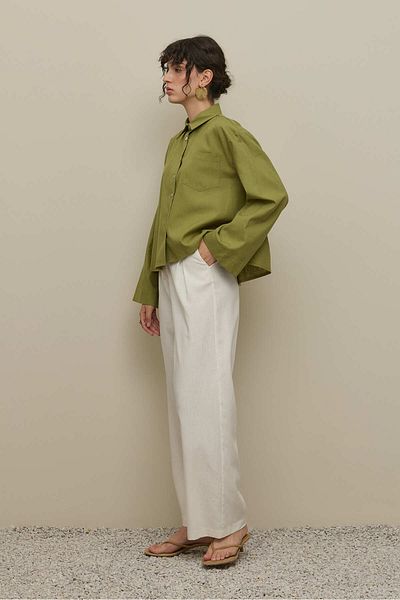 Fahhar Kimono Sleeve Short Linen Shirt Apple Green
