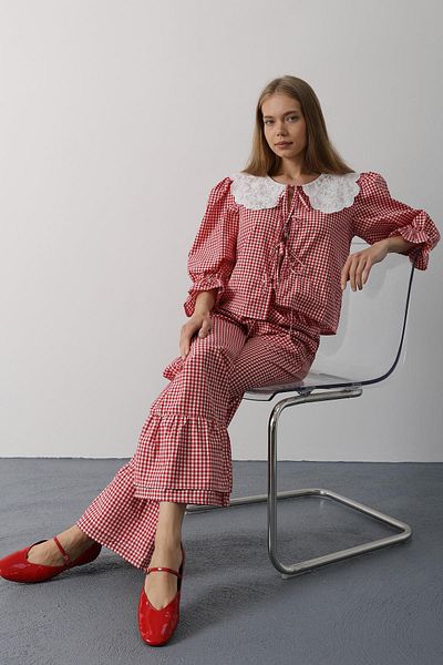 VAGGON Women's Red Lace Collar Square Pattern Suit Vs00596