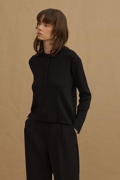 Fahhar Viscone Buttoned Polo Neck Knitwear Sweater Black