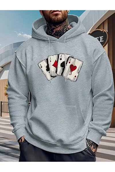 caddekombin Blackjack Printed Hooded Pocket Cotton Gray Sweatshirt