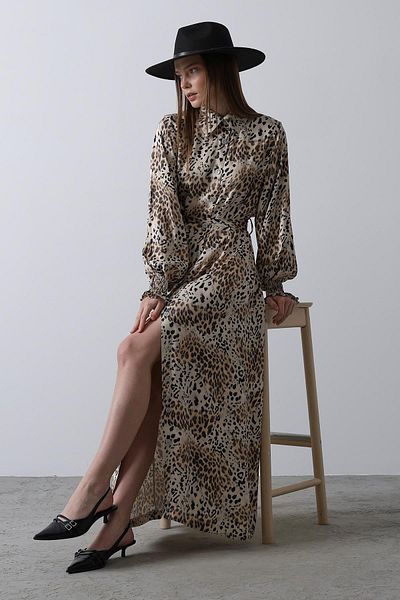 VAGGON Women's Leopard Leopard Print Tie Detail Maxi Size Shirt Dress Vs00457