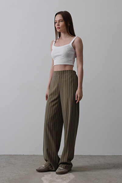 VAGGON Women's Khaki Waist Half Elastic Striped Palazzo Pants Vs00537