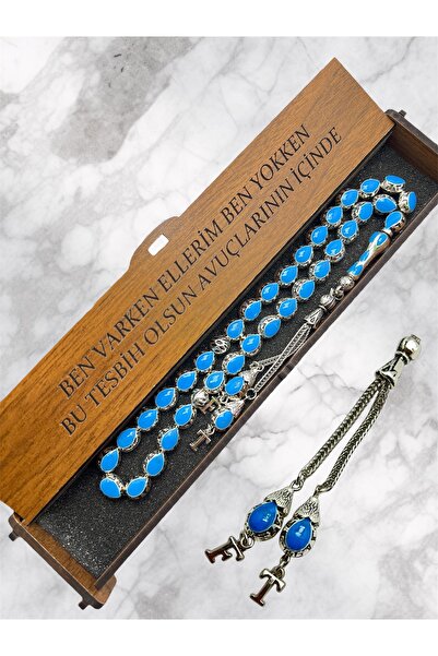 KANUNİ TESBİH Metal Prayer Beads in Turquoise Color with Letter Detail in Woo...