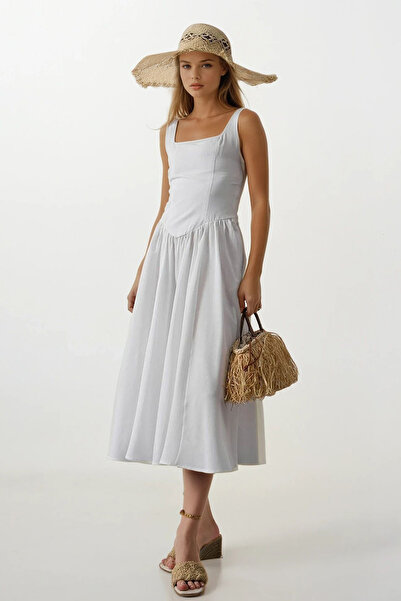 VAGGON Women's White Suspender Skirt Pleated Maxi Length Dress Vs00624