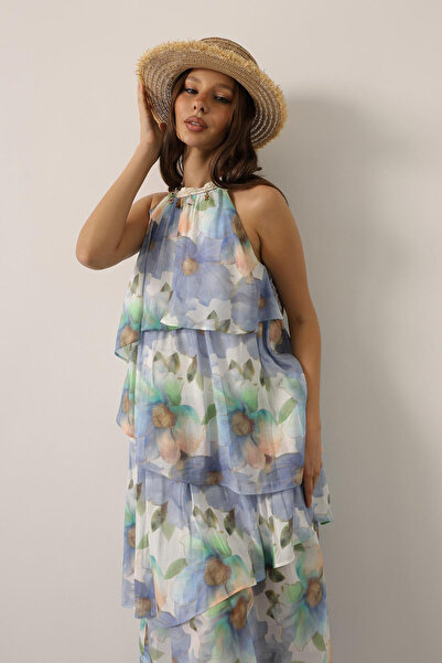 VAGGON Γυναικείο μπλε εμπριμέ φόρεμα με λεπτομέρεια με γιακά Vs00625