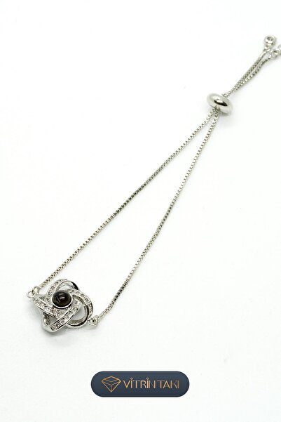 Çelik İçinde 100 Dilde Seni Seviyorum Yazan Taşlı Gümüş Renk Asansör Bileklik