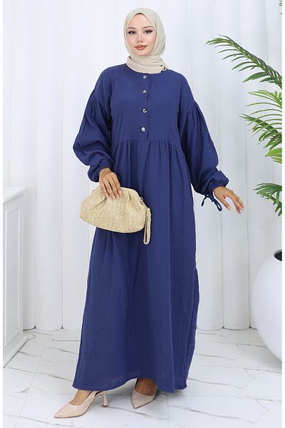 sefamerve Button Dress with Elasticated Sleeve 2111-02 Navy Blue