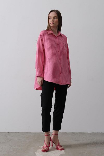 VAGGON Women's Pink Striped Single Pocket Oversize Shirt Vs00475