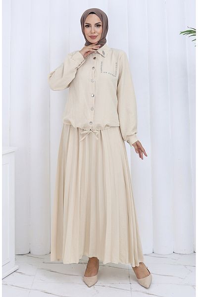 sefamerve Stoned Buttoned Shirt Skirt Double Suit 2113-06 Mink