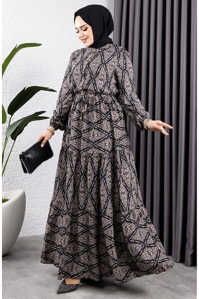 sefamerve Rochie din viscoză cu șireturi în talie 7109-03 Negru