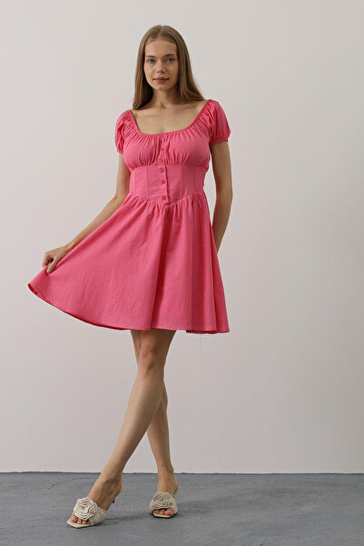 VAGGON Women's Fuchsia U-Neck Button Detailed Waist Corset Mini Dress Vs00549