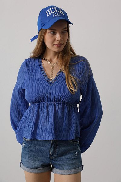 VAGGON Bluză cu volane pentru femei ALBASTRU cu decolteu în V VS00575