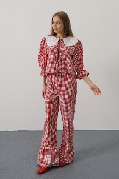 VAGGON Women's Red Lace Collar Square Patterned Suit Vs00596