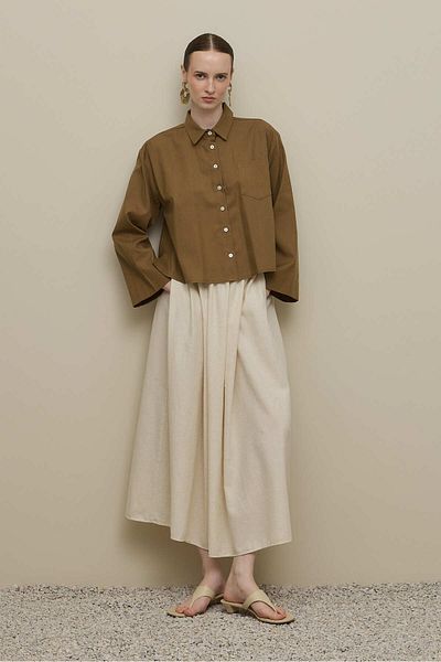 Fahhar Kimono Sleeve Short Linen Shirt Khaki