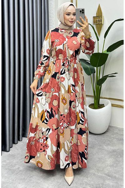 sefamerve Рокля от вискоза с шарки Flora 7129-04 Сьомга