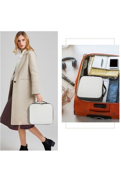 ElastiX Nou Geanta make-up cu oglinda si lumina LED, geanta alb/negru cosmetice,