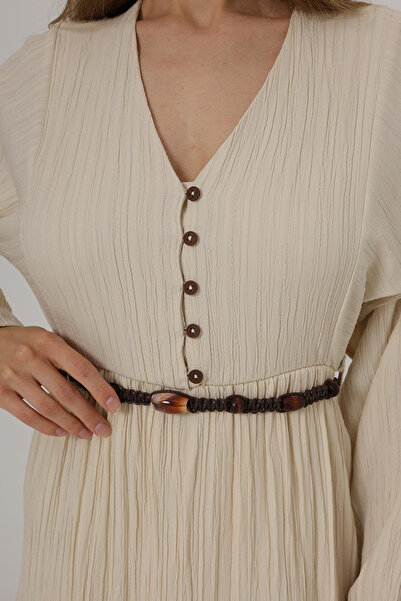 VAGGON Γυναικείο πέτρινο μακρυμάνικο φόρεμα με ζώνη με μισό κουμπί μπροστά Vs00521