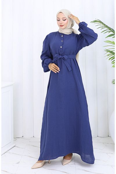 sefamerve Belted Dress with Elastic Sleeves 2112-02 Navy Blue