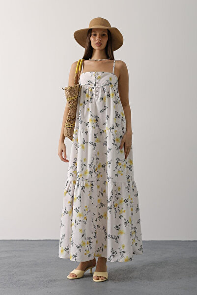 VAGGON Women's Yellow Floral Pattern Strap Detailed Multi-Layered Dress Vs00651