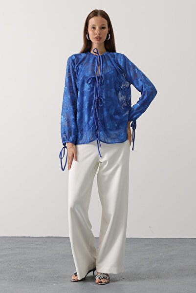 VAGGON Women's Cobalt Self Patterned Tie Detail Chiffon Blouse Vs00554