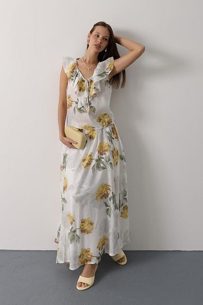 VAGGON Women's Yellow Floral Patterned Long Skirt Vs00645