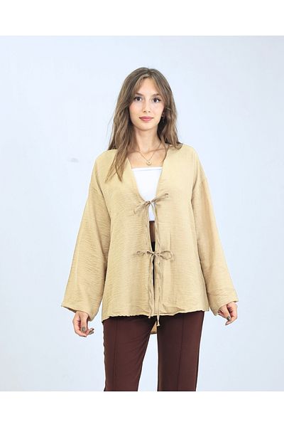 fh fashionhere Women's Tie-Up Beige Kimono Tunic Shirt Comfortable Stylish