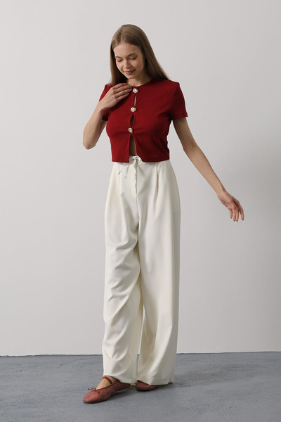 VAGGON Women's Ecru Double Pocket Pleated Lace-Up Oversize Trousers Vs00534