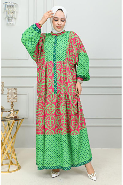 sefamerve Ethnic Patterned Hijab Dress 0302-04 Green