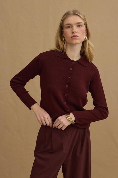 Fahhar Viscone Buttoned Polo Neck Knitwear Sweater Claret Red