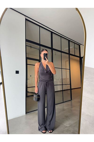 BB Bensu Buyruk Anthracite Halter Collar Dressed Bluz Pant Modal Set