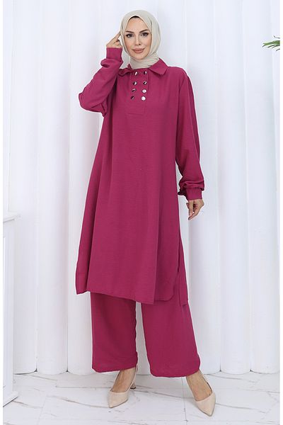sefamerve Pantaloni tunică cu nasturi dublu Set din două piese 2118-05 Cireș
