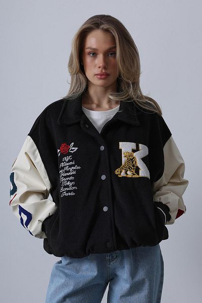 VAGGON Women's Black Shirt Collar Printed Cashew Biker Jacket Vs00448