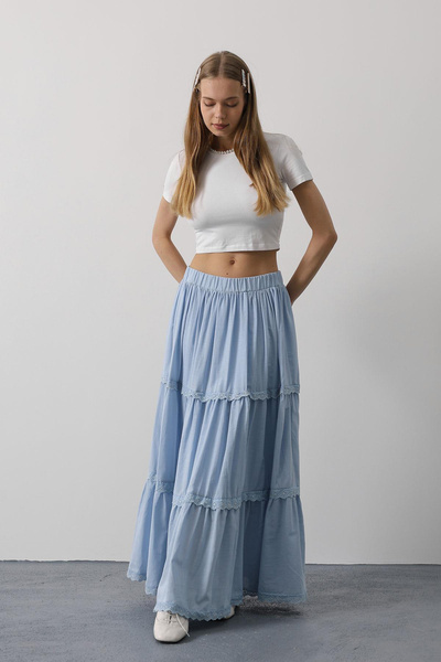 VAGGON Women's Baby Blue Elastic Waist Lace Detailed Pleated Maxi Length Skirt Vs00604