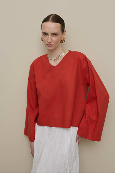 Fahhar Wide Sleeve Linen Top Red