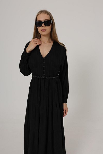 VAGGON Rochie neagră pentru femei, cu jumătate de nasturi, cu mâneci lungi, cu centură VS00521
