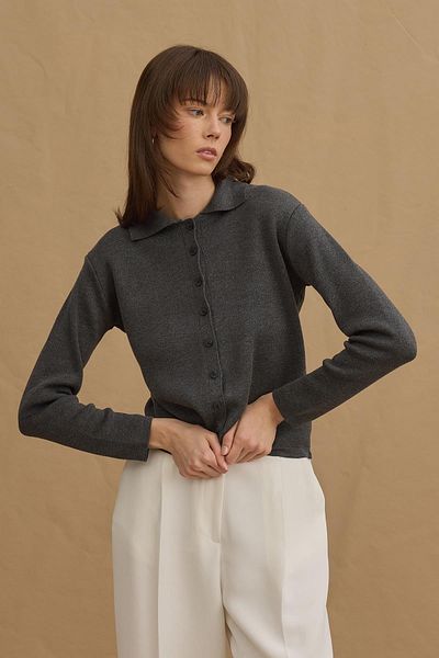 Fahhar Viscone Buttoned Polo Neck Knitwear Sweater Anthracite
