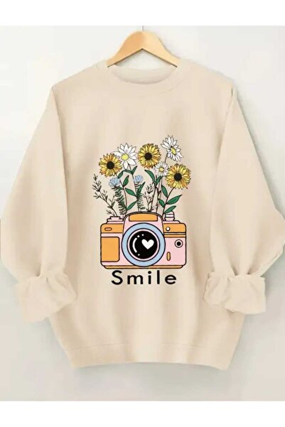 caddekombin Μπεζ φούτερ με λαιμόκοψη με στάμπα Smile Flower