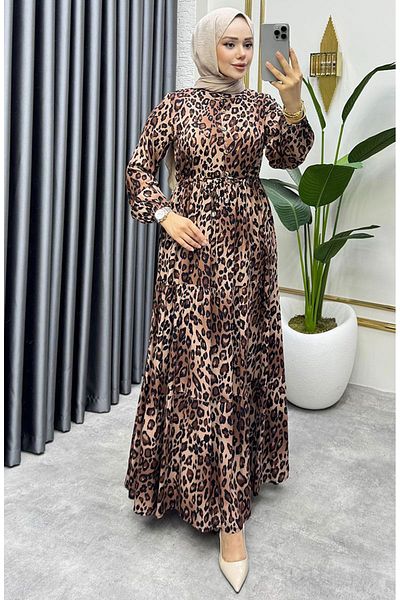 sefamerve Rochie Leopard cu tunel în talie 7130-02 Maro