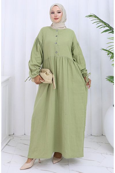 sefamerve Button Dress with Elasticated Sleeve 2111-06 Mildew Green