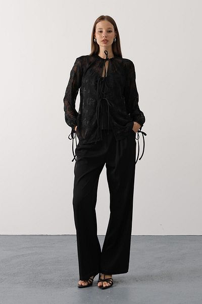 VAGGON Women Black Self Patterned Lacing Detail Chiffon Blouse Vs00554