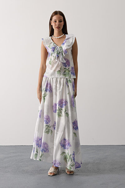 VAGGON Women's Lilac Floral Patterned Long Skirt Vs00645