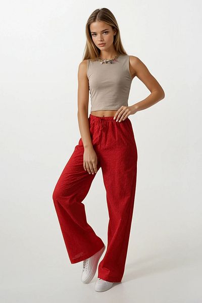 VAGGON Women's Red Tie Waist Brode Pants Vs00559