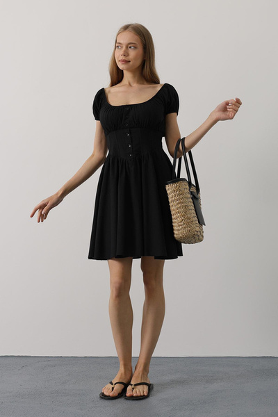 VAGGON Women's Black U-Neck Button Detailed Waist Corset Mini Dress Vs00549