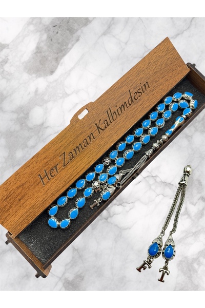 KANUNİ TESBİH Metal Prayer Beads in Turquoise Color with Letter Detail in Woo...