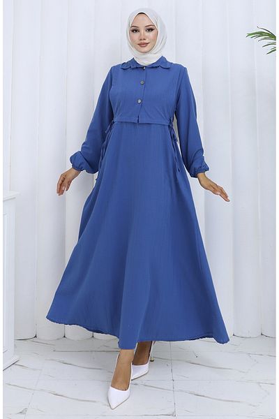 sefamerve Buttoned Vest Dress Double Suit 2119-02 Indigo