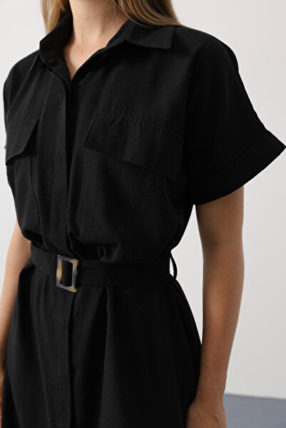 VAGGON Women's Black Belted Half Sleeve Dress with Pocket Detail Vs00581