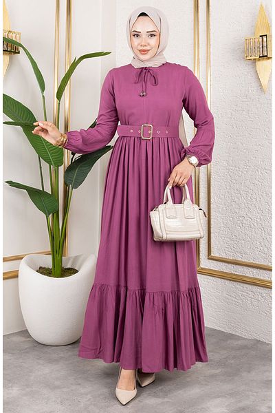 sefamerve Belt Detailed Hijab Dress 0220-09 Powder